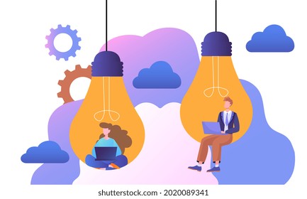 Male and female characters are sitting in lighbulb with laptop. Concept of creativity, writing, blogging, copywriting, creative person. Flat cartoon vector illustration