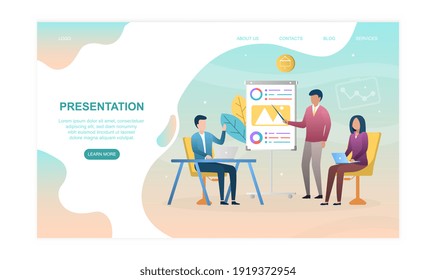 Male and female characters are sitting in office preparing presentation. Business presentation during employees meeting. Website, web page, landing page template. Flat cartoon vector illustration