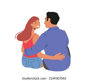 Male and Female Characters Sitting on Ground, Hug and Look in Eyes Rear View. Loving Couple Romantic Relations. Man and Woman Lovers Happy Dating, Love, Romance. Cartoon People Vector Illustration