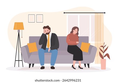 Personagens masculinos e femininos sentados no sofá da sala de estar e sem falar. Coração partido, separação e sofrimento emocional. Conflito familiar. Quebrar relacionamento. Casado homem e mulher irritado. vetor
