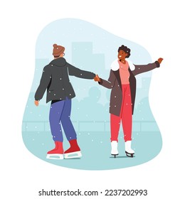 Male and Female Characters Skating on ice Rink at Wintertime Christmas Holidays Vacation. Loving Couple Winter Date, Man and Woman Romantic Sparetime. Cartoon People Vector Illustration