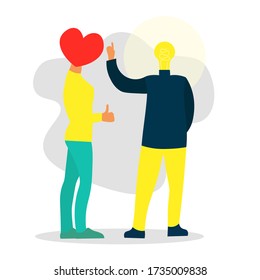 Male and female characters with smm symbols. representatives of 
successful business social media marketing compaing. heart and lamp 
instead of head. Cute vector illustration in flat style. 