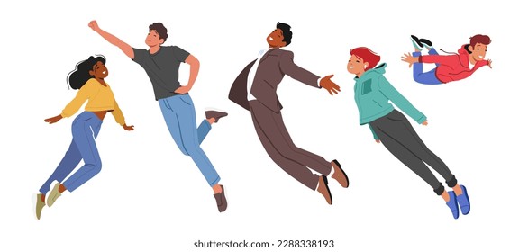 Male and Female Characters Soar Through The Sky with Arms Outstretched In Exhilarating Freedom. and Feeling Of Flight. Concept For Adventure, Travel Or Sports Theme. Cartoon People Vector Illustration