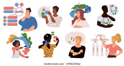 Male and female characters solving problems, people with puzzles and geometric figures trying to find way out. Artist with paint splashes, student with algorithm and charts. Vector in flat style