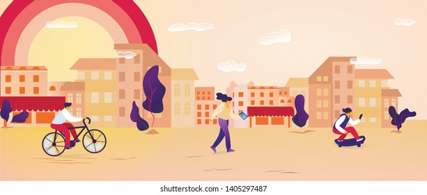 Male and Female Characters Spend Time Outdoors Riding Bicycle, Skateboarding, Using Gadgets. People Characters Walking in Modern City at Summertime. Urban Background. Cartoon Flat Vector Illustration