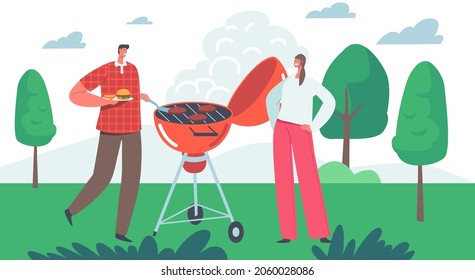 Männliche und weibliche Charaktere verbringen Zeit auf der BBQ-Party im Freien oder im Sommerlager. Familie oder Freunde Kochen Essen auf Barbecue Maschine am Camping Spaß im Sommer. Vektorgrafik von Cartoon People