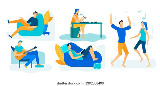 Male and Female Characters Spending Time on Weekend Relaxing, Doing Hobby, Dancing, Visiting Cafe, Playing Guitar, Listening Music. Leisure, Activity, Sparetime People Cartoon Flat Vector Illustration