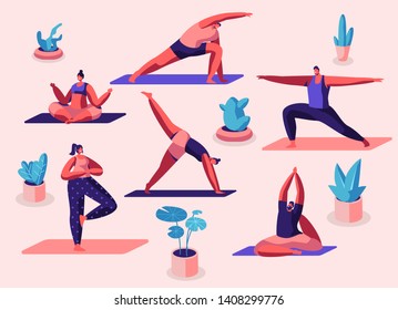 Male and Female Characters Sport Activities Set. People Doing Sports, Yoga Exercise, Fitness, Workout in Different Poses, Stretching, Healthy Lifestyle, Leisure. Cartoon Flat Vector Illustration