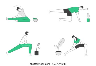 Male and Female Characters Sport Activities Set. People Doing Sports Stretching Exercise, Fitness Workout in Different Poses. Healthy Lifestyle, Leisure. Cartoon Flat Vector Illustration, Line Art