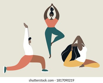Male and Female Characters Sport Activities Set. People Doing Sports, Yoga Exercise, Fitness, Workout in Different Poses, Stretching, Healthy Lifestyle, Leisure. Cartoon Flat Vector Illustration