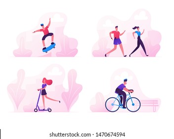 Male and Female Characters Sports Activity. Teenager Making Tricks on Skateboard, People Jogging in Park. Woman Riding Scooter Man Driving Bicycle, Healthy Lifestyle. Cartoon Flat Vector Illustration