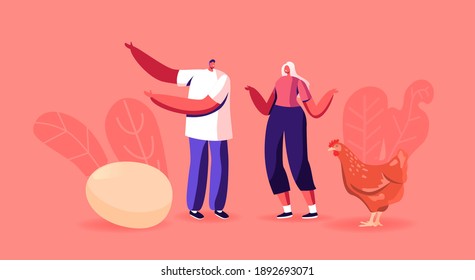 Male and Female Characters Stand near Hen Solve Paradox or Conundrum Which Came First Chicken or Egg. Causality Dilemma, Chicken-and-egg Metaphoric Riddle Concept. Cartoon People Vector Illustration