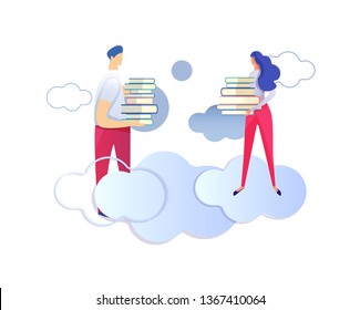 Male and Female Characters Stand on Clouds Face to Face Holding Big Heap of Books in Hands. Students Prepare for Exams. University, College Education. Learning People Cartoon Flat Vector Illustration.