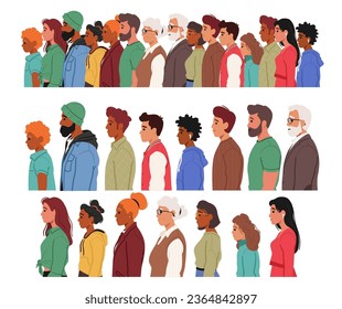 Male And Female Characters Stand In Profile Face Sideways, With Their Bodies Turned Away From The Observer. This Position Highlights Their Silhouette And Side View. Cartoon People Vector Illustration