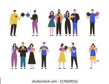 Male and female characters standing alone, in pair or group and holding jigsaw puzzle pieces. Concept of connection between people, riddle or problem solving. Flat cartoon vector illustration.