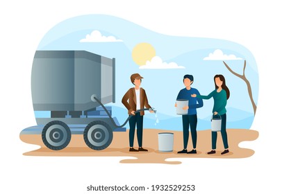 Male And Female Characters Are Standing In Line To Get Water From The Tank. Concep Of Water Scarcity. The Water Truck. Flat Cartoon Vector Illustration