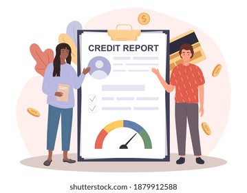 Male and female characters standing next to clipboard with credit report. Concept of personal credit score information and financial rating. Flat cartoon vector illustration