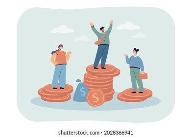 Male And Female Characters Standing On Unequal Money Stacks. Flat Vector Illustration. Business People Of Different Gender Getting Disparate Salary. Discrimination, Job, Payment, Feminism Concept