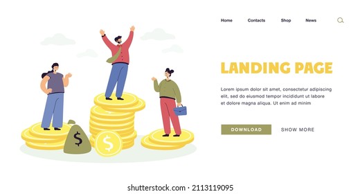 Male And Female Characters Standing On Unequal Money Stacks. Flat Vector Illustration. Business People Of Different Gender Getting Disparate Salary. Discrimination, Job, Payment, Feminism Concept