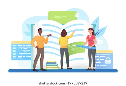 Male and female characters standing at open book with coding text. Group of programmers are coding new software together. Concept of info encryption and coding. Flat cartoon vector illustration