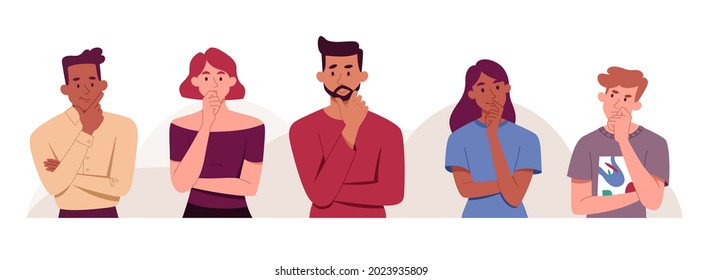 Male and female characters standing and thinking together on white background. Concept of people wondering or thinking, planning or pondering and holding hand by chin. Flat cartoon vector illustration - Shutterstock ID 2023935809