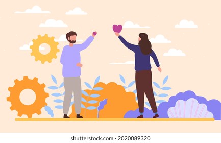 Male and female characters standing together with hearts in hands. Concept of empathy and emotional feeling support with understanding other people problem situations. Flat cartoon vector illustration