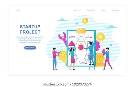 Male and female characters are starting a new project together. Concept of startup and business development. Website, web page, landing page template. Flat cartoon vector illustration