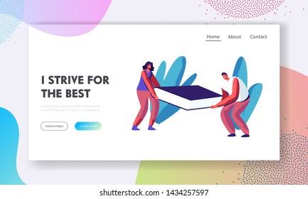 Male and Female Characters, Students Carry Huge Book or Textbook in Hands, Education, Knowledge, College, University, School Website Landing Page, Web Page. Cartoon Flat Vector Illustration, Banner