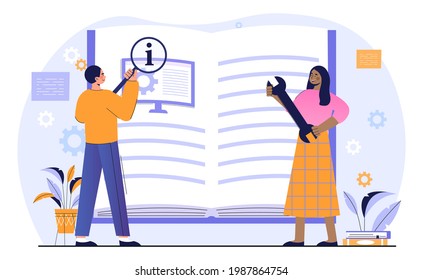 Male and female characters are studying computer manual book together. Concept of electronic goods technical guide, manual for computer hardware and user guide. Flat cartoon vector illustration