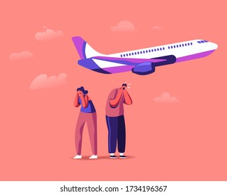 Male and Female Characters Suffering of Noise Pollution. Big City Stress, Dwellers Covering Ears to Stop Hearing Loud Sounds and Tinnitus Made by Take Off Airplane. Cartoon People Vector Illustration