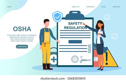 Male and female characters talking about osha. Concept of government public service worker protecting from health and safety hazards while at work. Website, web page, landing page template