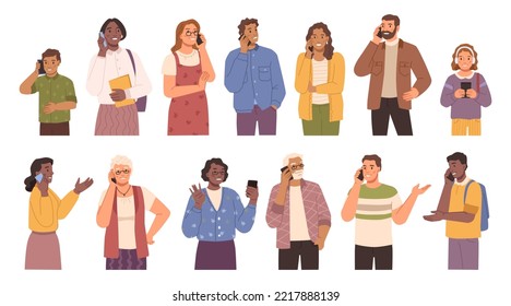 Male and female characters talking on phones, people set. Isolated youth and senior person communicating via smartphones. Teenagers and grandparents. Vector in flat cartoon style