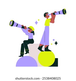 Personajes Masculinos Y Femeninos Con Telescopios En Ilustración vectorial Plana Que Simbolizan La Exploración, La Visión Y Los Objetivos Futuros, Aislados Sobre Fondo Blanco.