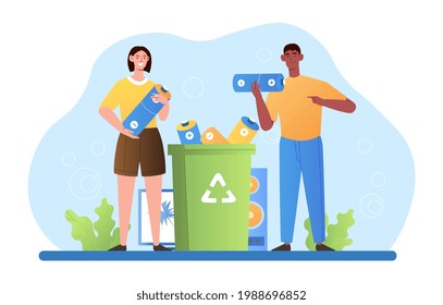 Personajes hombres y mujeres están arrojando baterías a un basurero especial para reciclaje y separación de basura. Concepto de residuos de aparatos eléctricos y electrónicos. Ilustración vectorial de dibujos animados planos