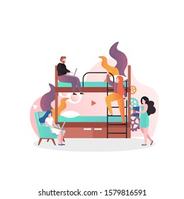Male and female characters tourists, students living in hostel dormitory room, vector illustration. Cheap accommodation, hostel business concept for web banner, website page etc.