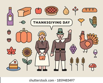 Male and female characters in traditional clothes greet each other. Collection of Thanksgiving icons. flat design style minimal vector illustration.