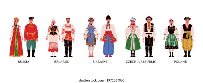 Male and female characters in traditional european costume flat icons set on white background isolated vector illustration