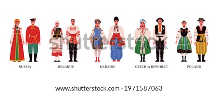 Male and female characters in traditional european costume flat icons set on white background isolated vector illustration