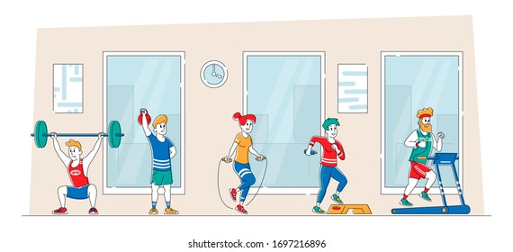 Male and Female Characters Training with Professional Equipment in Gym. People Doing Fitness Workout with Weight, Running on Treadmill. Sport Activity, Healthy Life. Linear People Vector Illustration