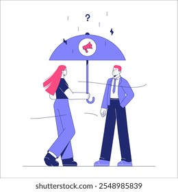Personagens Masculinos E Femininos Sob Guarda-Chuva Em Ilustração De Vetor Plano Simbolizando Apoio, Comunicação E Proteção, Isolados Em Fundo Branco.