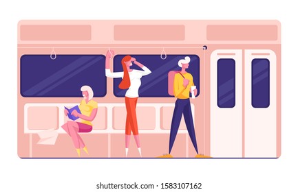 Male and Female Characters in Underground Urban Metro. Subway Train Interior with Tourists with Baggage and Native Citizens. People Using Public Transport for Moving. Cartoon Flat Vector Illustration