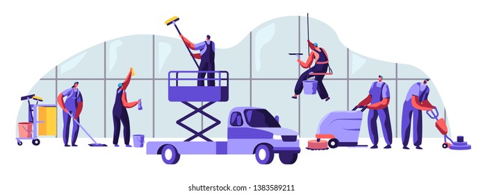 Male and Female Characters in Uniform with Equipment Cleaning Room with Huge Windows. Service of Professional Cleaners at Work Mopping, Vacuuming Floor, Rub, Sweeping. Cartoon Flat Vector Illustration