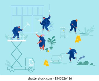 Male and Female Characters in Uniform with Equipment Cleaning Room with Huge Windows. Service of Professional Cleaners at Work Mopping, Vacuuming Floor, Rub, Sweeping. Cartoon Flat Vector Illustration