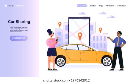 Male and female characters are using car sharing application on smartphone. Woman using car sharing services via mobile app. Website, web page, landing page template. Flat cartoon vector illustration