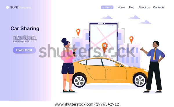 Male and female characters are using car\
sharing application on smartphone. Woman using car sharing services\
via mobile app. Website, web page, landing page template. Flat\
cartoon vector\
illustration