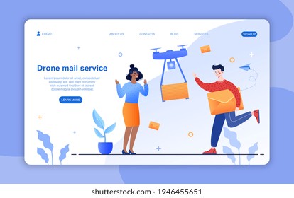 Male and female characters are using drone mail service. Man and woman waiting for their parcel. Drone delivering package. Website, web page, landing page template. Flat cartoon vector illustration