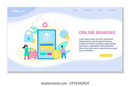 Male and female characters are using online bank application together. Concept of convenient mobile banking application. Website, web page, landing page template. Flat cartoon vector illustration
