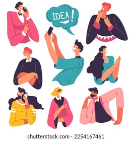 Male and female characters using phones to talk and have fun. People communicating and expressing emotions in distance. Sending stickers and using emoji. Teenagers socializing. Vector in flat style