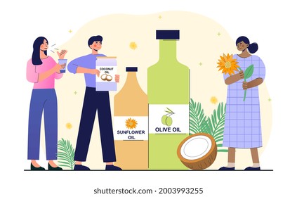 Male and female characters are using products with organic vegetarian ingredients. Glass bottle of vegatable oil: cocoa, olive, sunflower, avocado, corn. Flat cartoon vector illustration