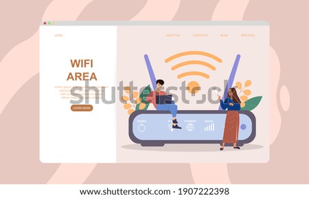 Male and female characters are using wifi next to wifi router. Concept of better internet coverage and strong connection. Website, web page, landing page template. Flat cartoon vector illustration